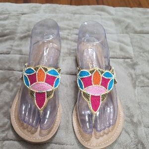 Coconuts By Matisse Women's Sandals Colorful Beaded Floral‎ Low Wedge Sz 9 EUC